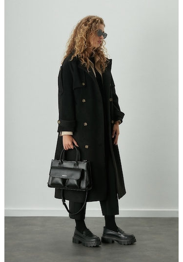 Manuka Premıum Kemerli Trench Kaban Siyah