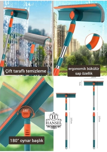 Bükülür Oynar Başlıklı Cam Silme Aparatı Teleskopik Çift Taraflı Pratik Cam Silecek.