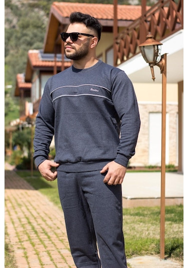 Indigo Mavi Battal Büyük - Normal Beden Kalın Sweat Erkek Eşofman Takımı 21eestbakt İndigo