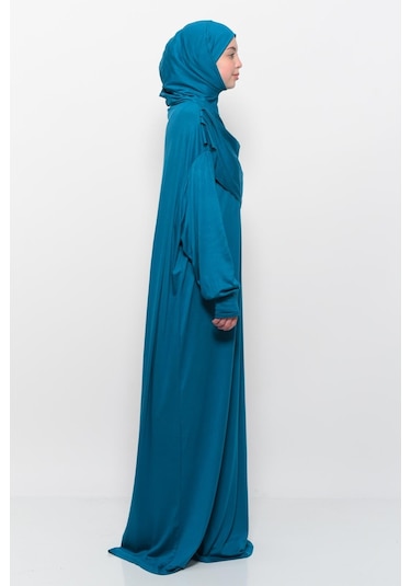 Pratik Tek Parça Pamuklu Yarasa Kollu Tak Çıkar Başörtülü Tesettür Namaz Elbisesi Açık Petrol Çok Renkli