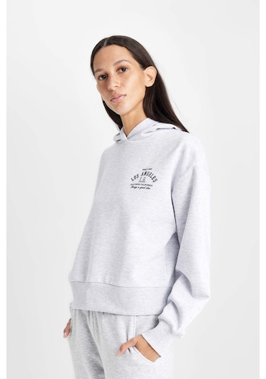 Defacto Regular Fit Kapüşonlu Baskılı Kalın Sweatshirt D6720AX24WNGR93 Gri