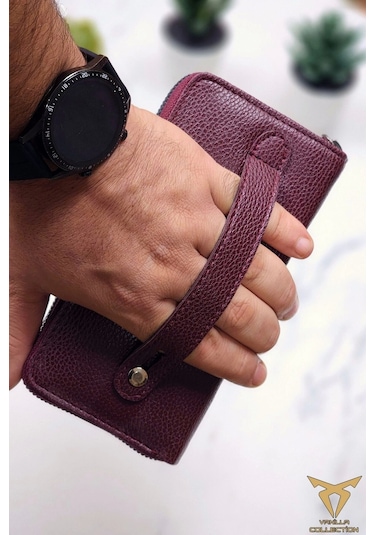 Xclub Model Unisex Telefon Bölmeli El Geçmeli Kordonlu Deri Portföy Kartlık Uzun Cüzdan Bordo Siyah