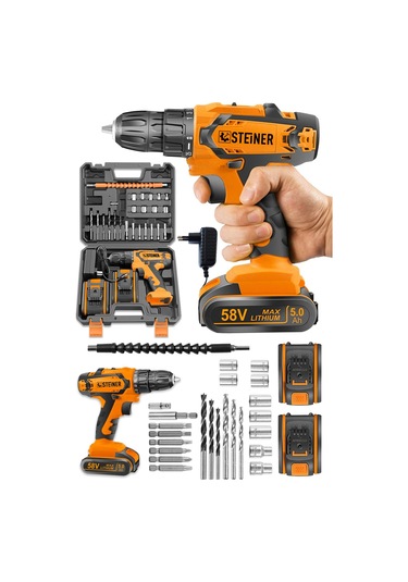 Steiner Kupfer Darbeli 58 V 5 Ah Çift Akülü Vidalama Matkap Turuncu + 24 Parça Set