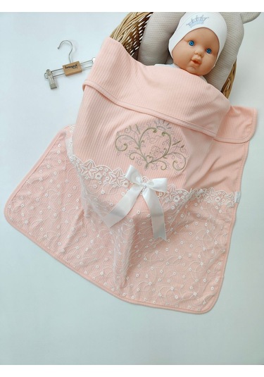 Pembe Kız Bebek Battaniyesi %100 Pamuklu Şık Dantelli Nakışlı Doğal Organik Uyku Örtüsü Yenidoğan Somon