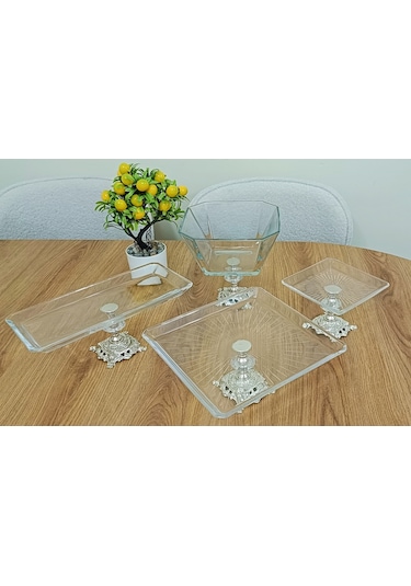 Elta Collection 4 Parça Gümüş Pasta Sunumluk Kurabiyelik Seti Gri