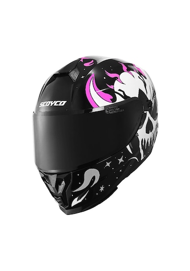 Scoyco Double Ve Güneş Vizörlü Full Face Kask Beyaz Siyah Pembe