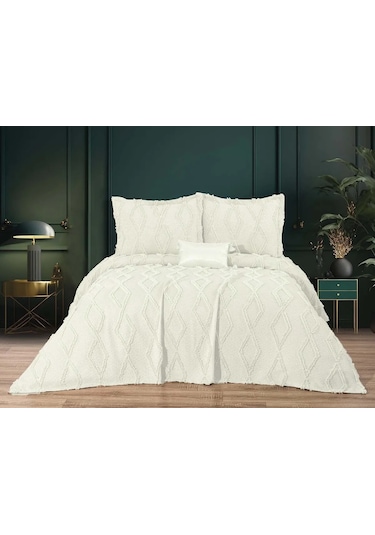 Afrodit 4 Parça Çift Kişilik Yatak Örtüsü Krem