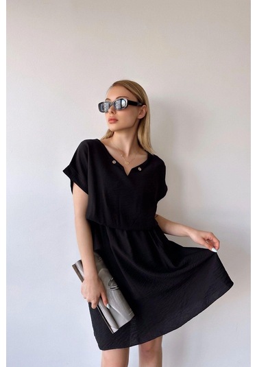 Kadın Siyah Kısa Kol, Kalp Yaka, Dokulu Desen, Bele Oturan, Aerobin Lastikli Bel Midi Elbise Siyah