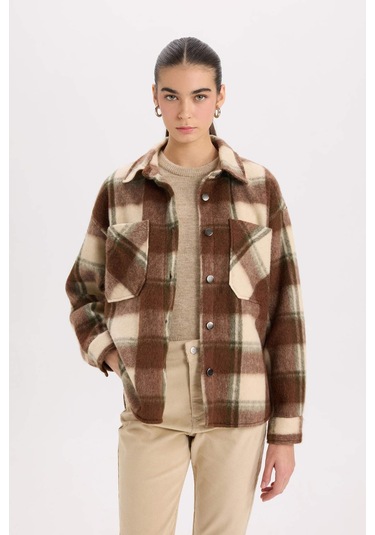 DeFacto Oversize Geniş Kalıp Kareli Flanel Uzun Kollu Gömlek E0572AX24WNBN333 Kahve