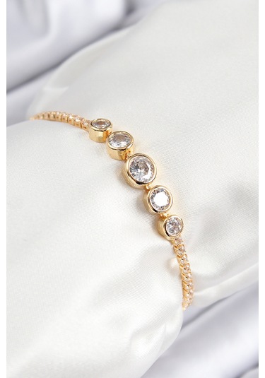 Pirinç Zirkon Taşlı Sıralı Daire Model Gold Renk Asansörlü Kadın Bileklik - Tj-bb7719 Diğer