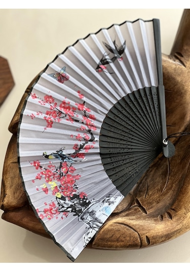 Bambu İpek Şık Japon Yelpaze - Siyah Kırmızı Gri Renk Çiçekli
