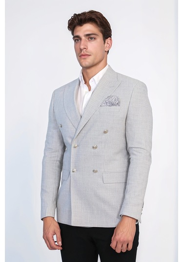 Desenli Kruvaze Tek Ceket Gri