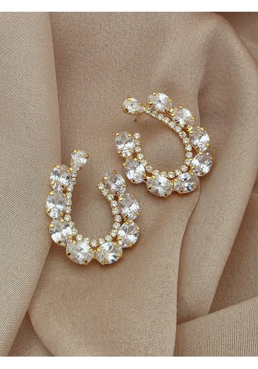 Çiçek Model Zirkon Taşlı Abiye Gold Renk Küpe Altın