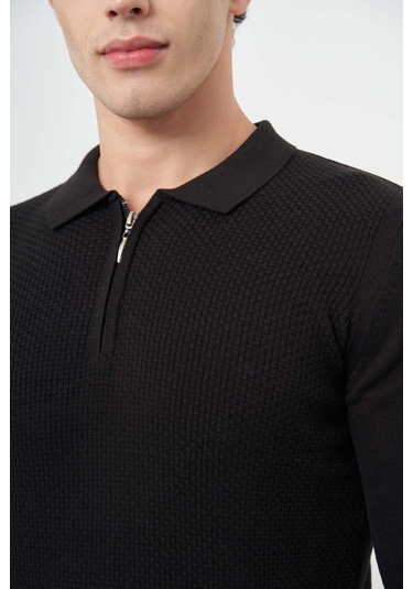 Siyah Uzun Kol Kendinden Desenli Örme Polo Yaka Classic Comfort Fit Triko 1012245156 Siyah