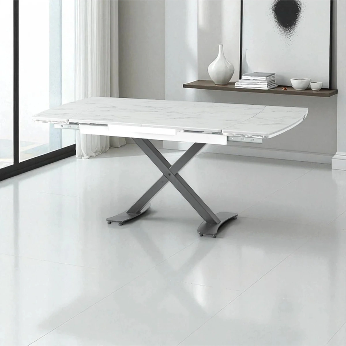 Dengema Diamond Açılır Kapanır Masa Beyaz Mermer, Siyah Ayak, 80 120/180 Cm, 4 6 Kişilik Sandalyesiz Beyaz Mermer - Siyah Ayak