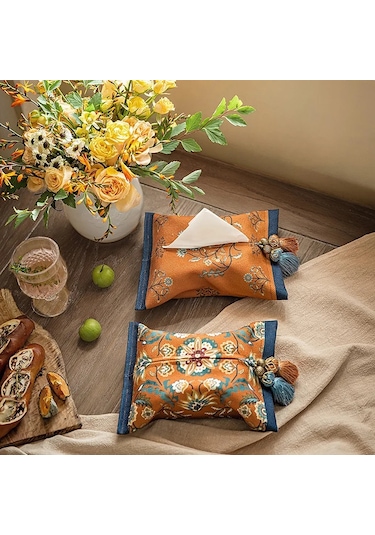 Küçük Mavi Kağıt Mendil Saklama Kutusu, Retro Ev Oturma Odası Yatak Odası Çok Amaçlı Kağıt Mendil, Baskılı Desen Kumaş Araba Aperextraction Kutusu