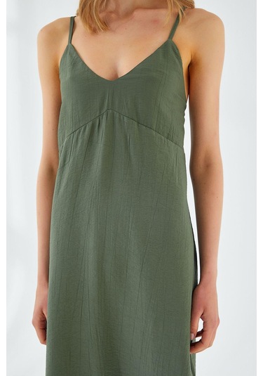 4252 Kadın İp Askılı V Yaka Elbise Haki Haki