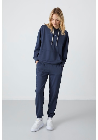 Tommy Life Petrol Kapüşonlu Kanguru Cep Oversize Lastik Paça Kadın Eşofman Takımı - 95288 Petrol