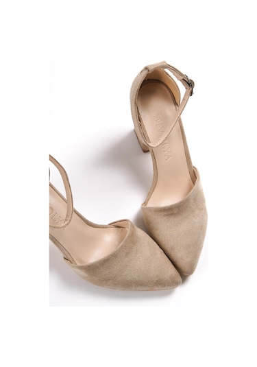Flora Bej Süet Bilekten Bantlı Topuklu Ayakkabı
