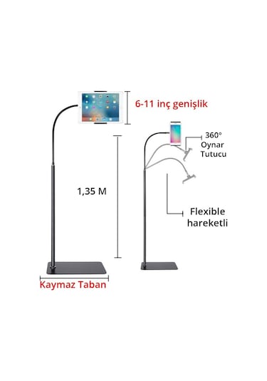 Metal Ayaklı 135 CM Tablet Ve Telefon Tutucu Stand 6"-11" Uyumlu