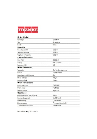Franke Mythos FMY 99 HS XS 73 LT Ankastre Fırın