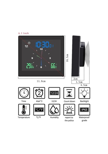Didadodo Su Geçirmez Banyo Saati: Sıcaklık, Nem Göstergeli, Çift Alarmlı Ve Geri Sayım Özellikli Lcd Ekran Siyah, Kolay Kullanım Arayüzü Siyah