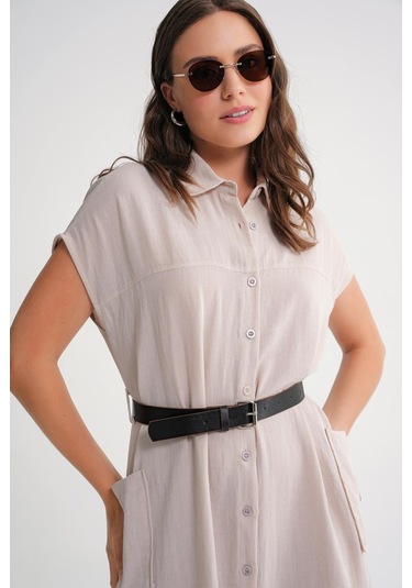 4453 Kadın Keten Cepli Midi Kemerli Elbise Taş Taş