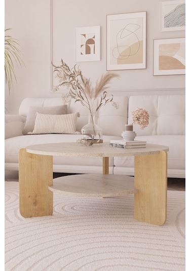 İskandinav Orta Sehpa 90 Cm, Bohem - Traverten & Safir Meşe