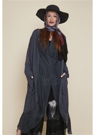 Italyan Ipek Detaylı Oversize Kaftan & Bluz-8711 Antrasit