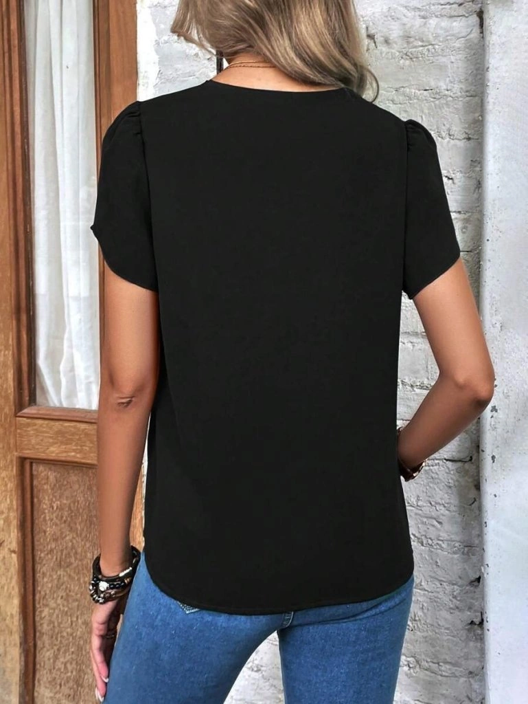 Amorluxe Kadın Kısa Kollu Lazer V Yakalı Ithal Krep Bluz Siyah