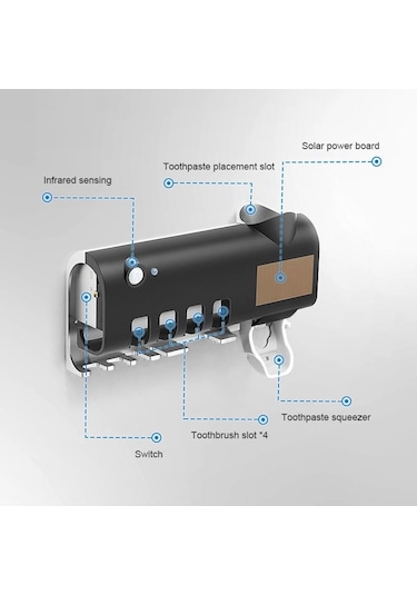Siyah Mengnı Güneş Enerjisi Uv Diş Fırçası Tutucu Otomatik Diş Macunu Sıkacağı Duvara Monte Diş Macunu Dispenseri Ev Banyo Aksesuarları Siyah