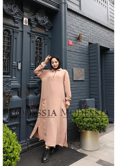 Kadın Bej Aerobin Uzun Önü Yarım Fermuarlı İkili Takım T1223 Bej