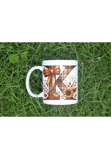 K Harfi Ekose Ve Sonbahar Temalı Kupa Bardak - Kişiye Özel Sıcak Tonlar Alfabe Kupa - Hediye Beyaz