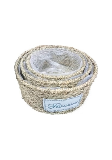 Yuvarlak Doğal Hasır Saksı Seti - 3'lü