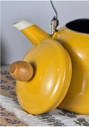 Alev Vintage Demlik Ahşap Saplı Emaye Çaydanlık Kettle 2,5lt Sarı Sarı