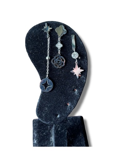 Gül Ve Kuzey Yıldızı Figürlü Çelik Küpe Gri