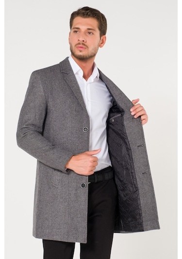 V Yaka Kışlık Kırçıllı Gri Erkek Kaşe Kaban-Koyu Gri