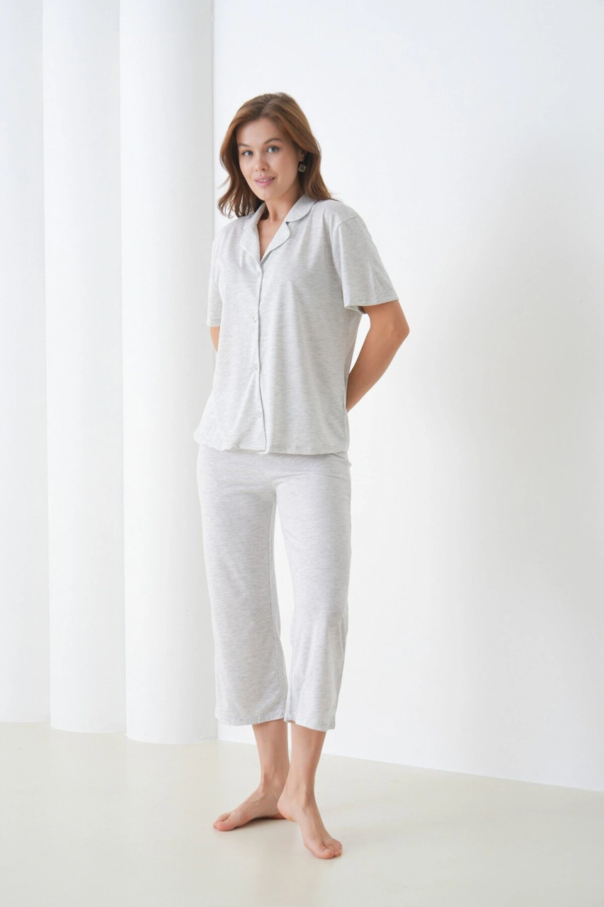 Kadın Pamuk Gömlek Kapri Şık Casual Curve Alt Üst Gecelik Takımı Antrasit