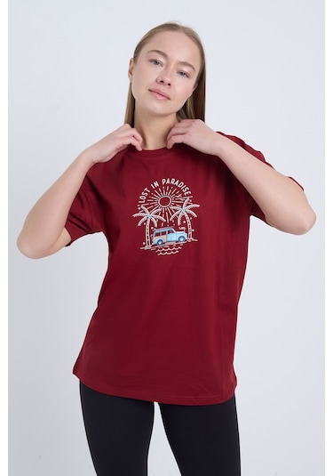 Velvoria Unisex Oversize Bordo Lost İn Paradise T-shirt