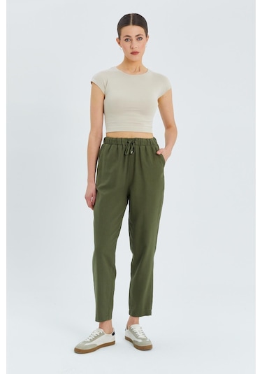 4566 Kadın Lastikli Bel Keten Pantolon Haki Haki