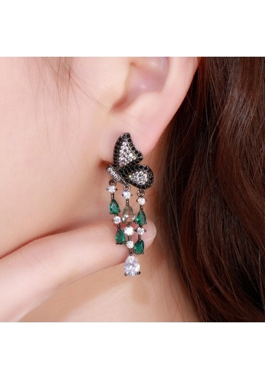 Novahub Sarı Altın Kelebek Küpe, Damla Püskül, Siyah Altın Renk, Kadın, 4.7 Cm Çok Renkli