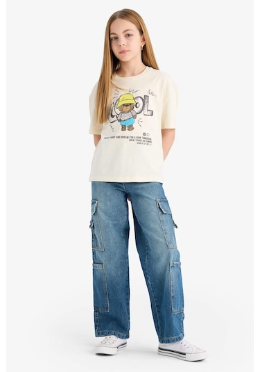 Defacto Kız Çocuk Relax Fit Bisiklet Yaka Baskılı Kısa Kollu Tişört E0353a825smer235 Ekru