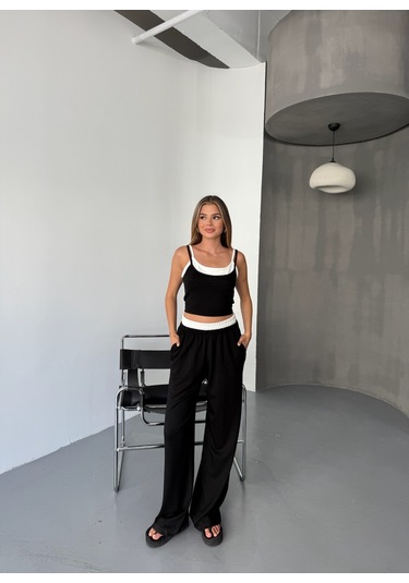 Kadın Çift Kat Detaylı Modal Dokulu Alt Üst Takım Siyah