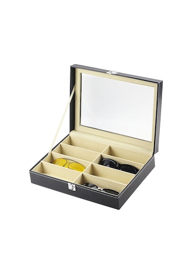 Ruicoo 8 Bölmeli Pu Deri Gözlük Kutusu - Cam Kapaklı Gösterimli Çift Katlı Gözlük Ve Saat Saklama Kutusu