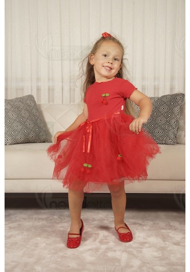 Tüllü Astarlı Esnek Kirazlı Elbise Kısa-kırmızı Kırmızı