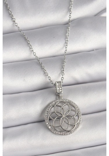 316l Çelik Gümüş Renk Zincir Zirkon Taşlı Lotus Model Kadın Kolye Çok renkli