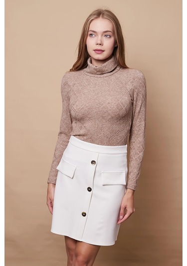 Kadın Diz Üstü Yüksek Bel Önü Düğmeli Cep Kapaklı Hafif Likralı Kumaş Çan Etek-krem Krem