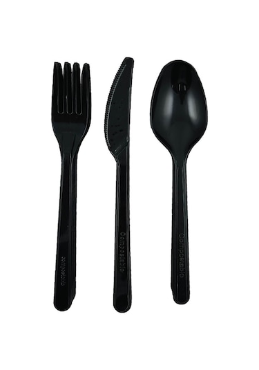 Sert Kalın Plastik Çatal - Bıçak - Kaşık 1. Kalite Lüks Siyah Çatal - Kaşık - Bıçak 3 Lü Set 1000 Adet Siyah