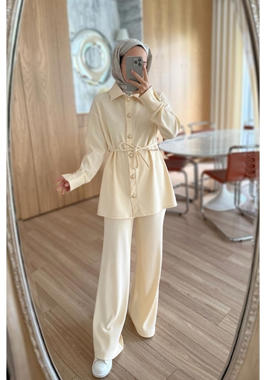 Gold Düğme Detaylı Fitilli Takım - Bej Bej