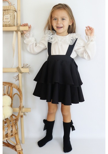 Kız Çocuk Helen Askılı Kat Kat Bağlama Jile Elbise Dantel Detay Uzun Kollu Bluz Takım Siyah